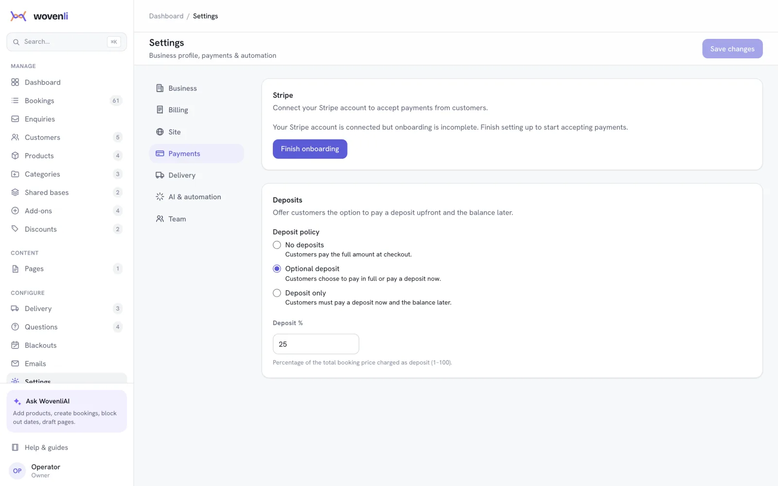 Wovenli payment settings showing a connected Stripe account and the deposit policy options
