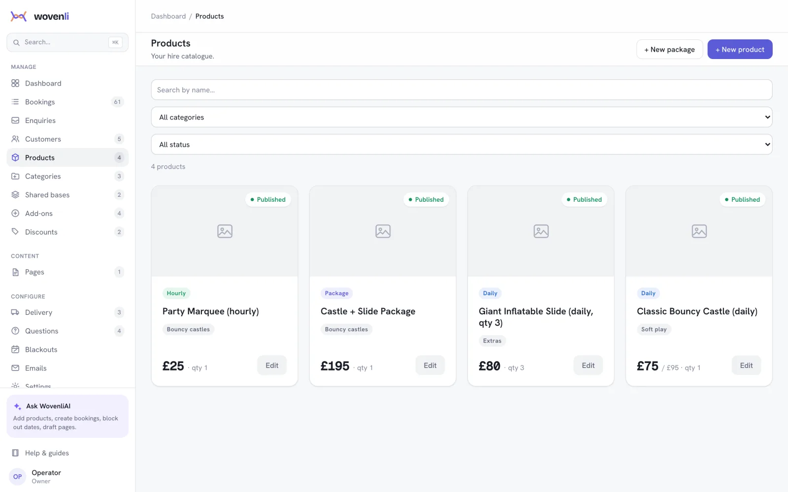 The Wovenli products page showing a hire catalogue with daily and package pricing